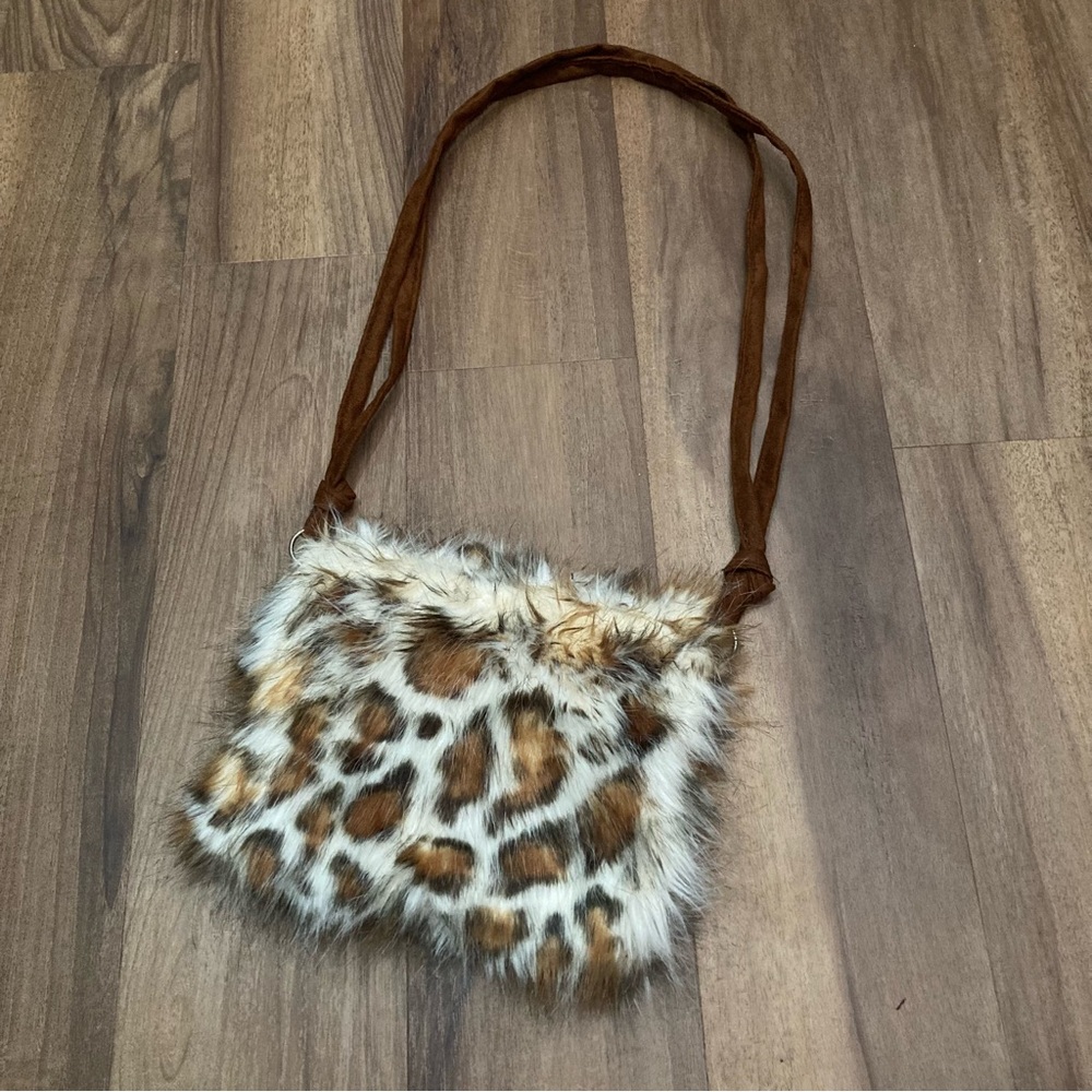 Y2K Faux Fur Leopard Print Crossbody Bag - Brown/White Mcbling